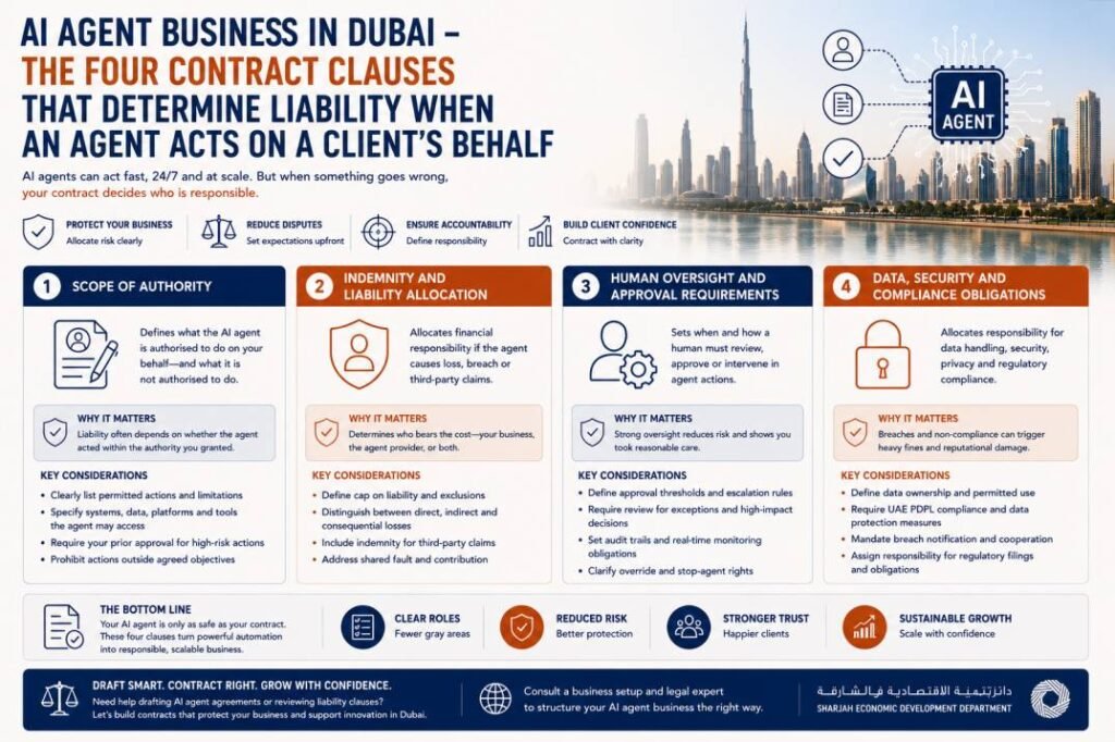 AI agent business in Dubai - the four contract clauses that determine liability when an agent acts on a client's behalf