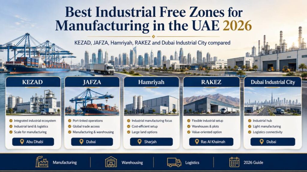Best industrial free zones for manufacturing in the UAE 2026 - KEZAD, JAFZA, Hamriyah, RAKEZ and Dubai Industrial City compared