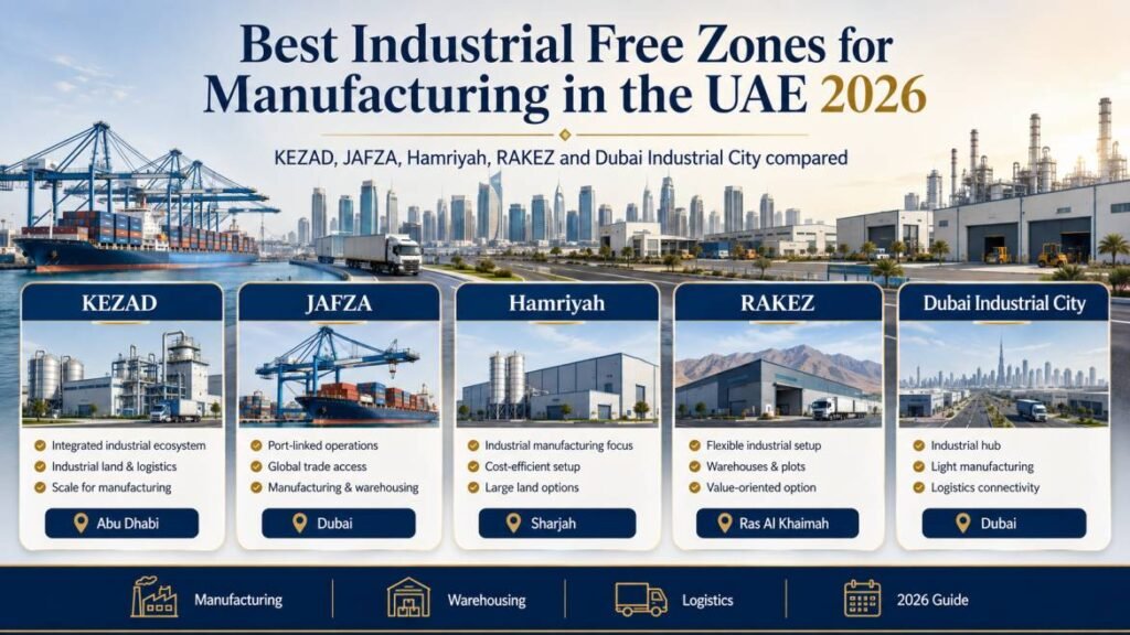 Best industrial free zones for manufacturing in the UAE 2026 - KEZAD, JAFZA, Hamriyah, RAKEZ and Dubai Industrial City compared
