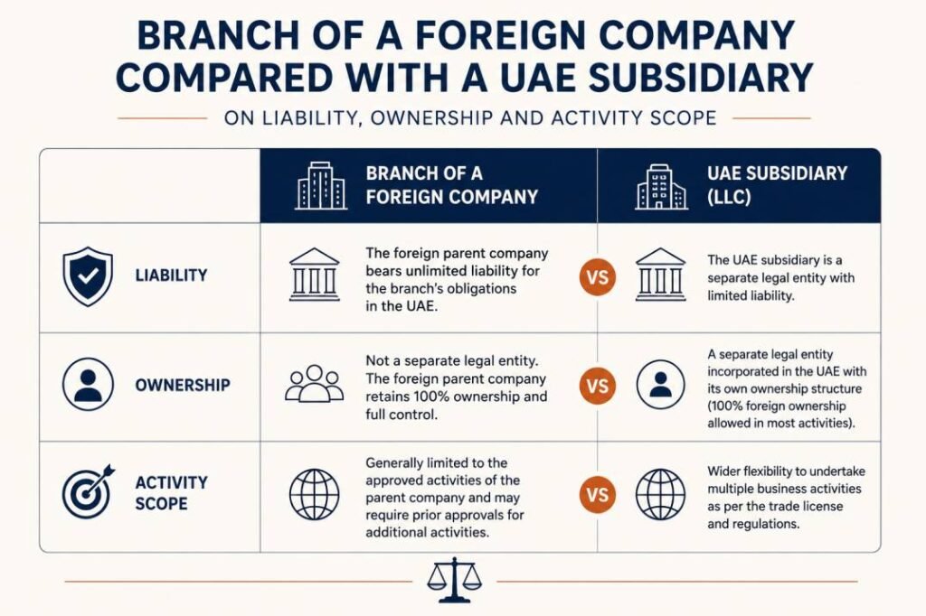 Branch of a foreign company compared with a UAE subsidiary on liability, ownership and activity scope