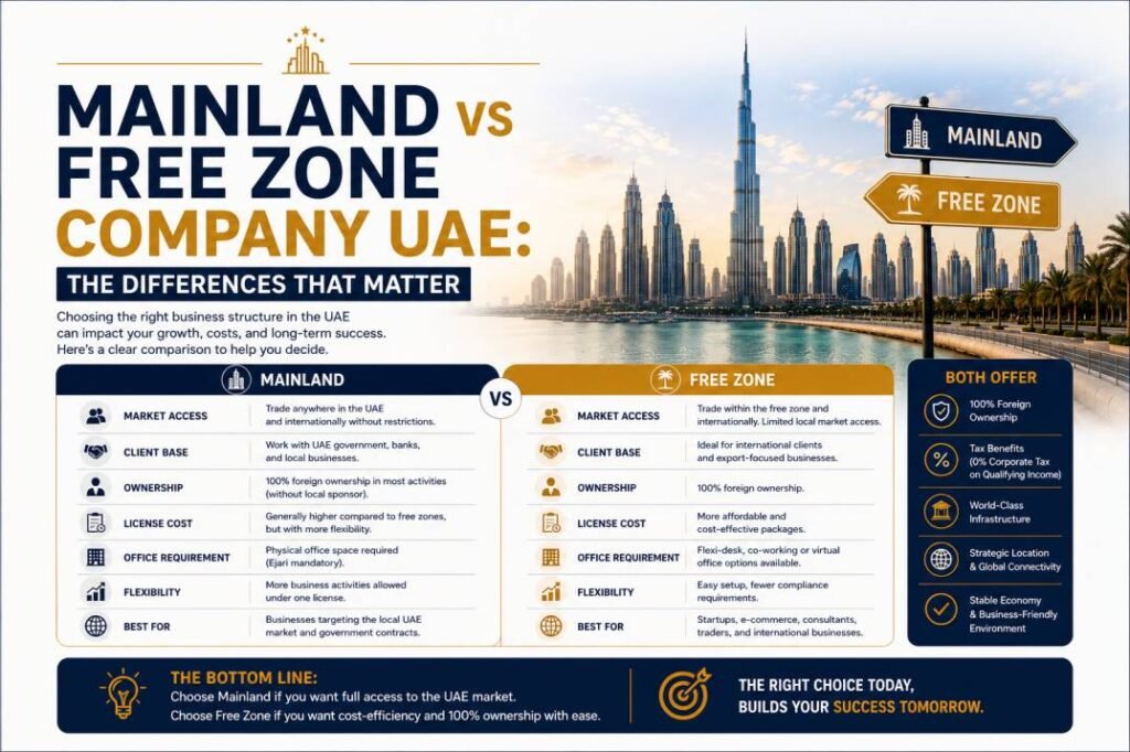 Difference between mainland and free zone company in the UAE 2026  -  tax, market access, banking and visa comparison