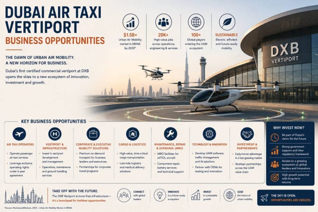 Business opportunities around the Dubai air taxi vertiport in maintenance, ground handling, charging and training