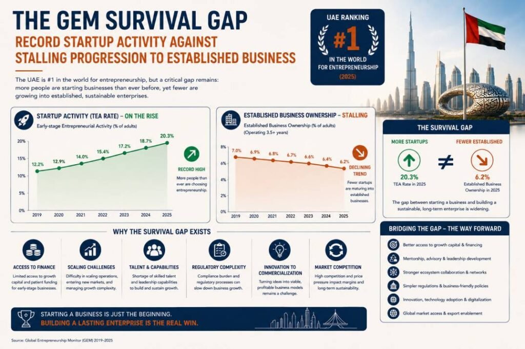 The GEM survival gap, showing record startup activity against stalling progression to established business