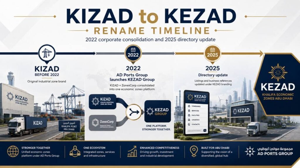 KIZAD to KEZAD rename timeline showing the 2022 corporate consolidation and the 2025 directory update