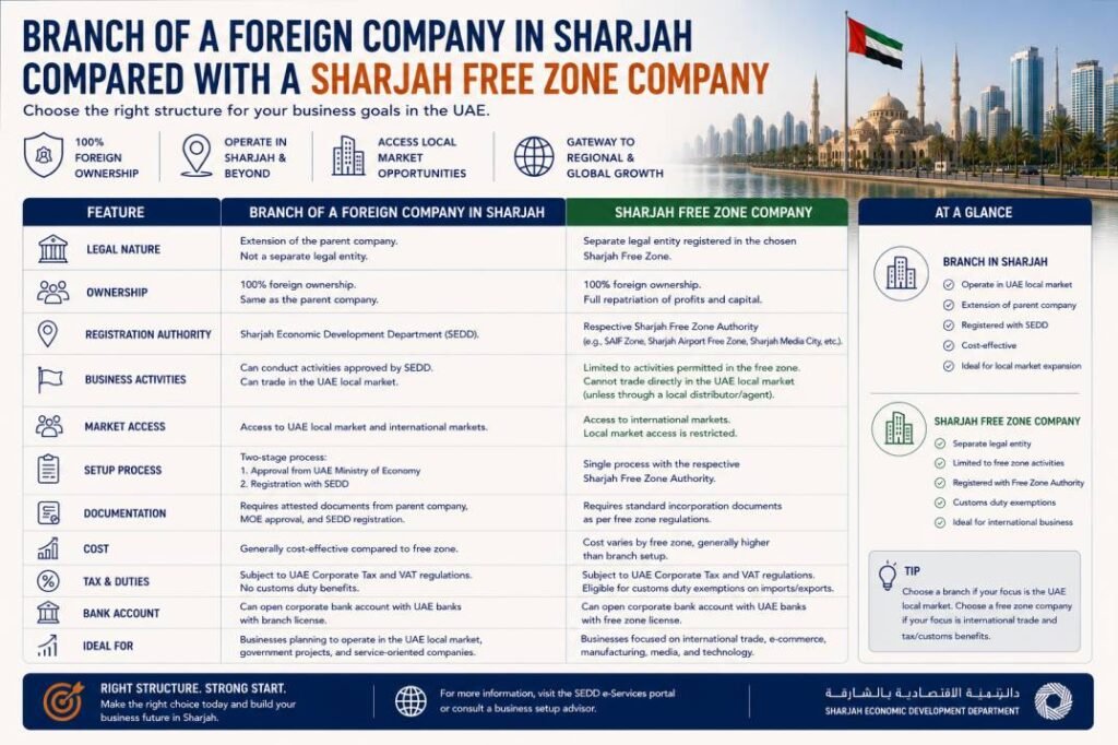 Branch of a foreign company in Sharjah compared with a Sharjah free zone company
