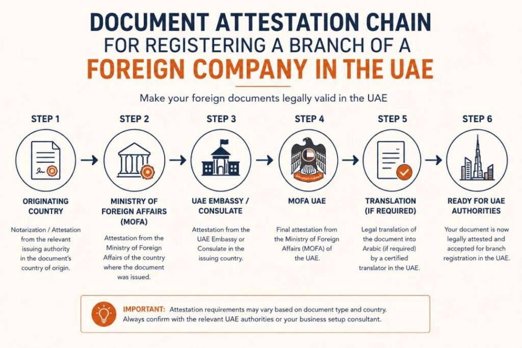 Document attestation chain for registering a branch of a foreign company in the UAE