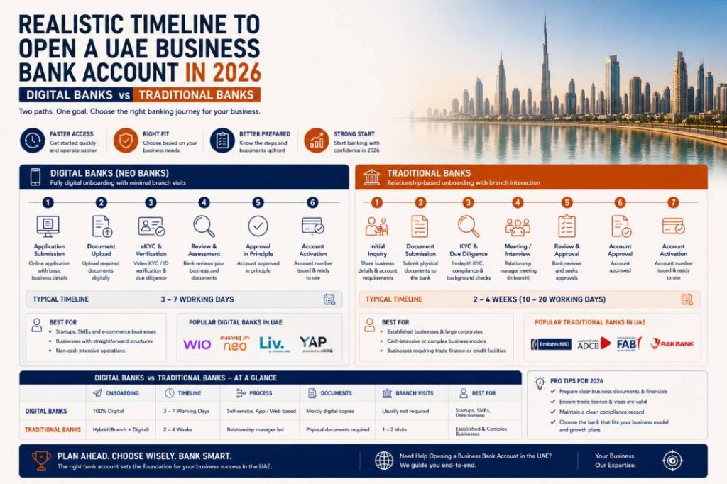 Realistic timeline to open a UAE business bank account in 2026, comparing digital and traditional banks