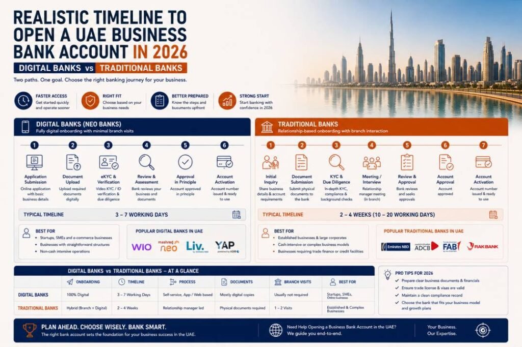 Realistic timeline to open a UAE business bank account in 2026, comparing digital and traditional banks