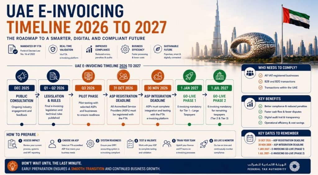 UAE e-invoicing timeline 2026 to 2027 showing the pilot phase, ASP deadline and mandatory go-live dates
