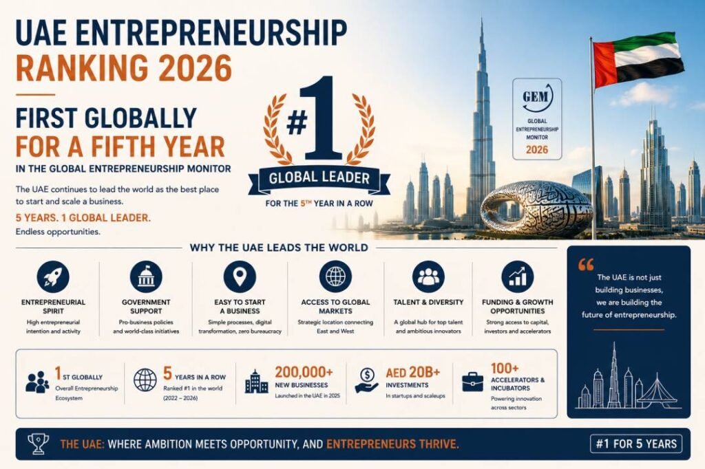 UAE entrepreneurship ranking 2026 - first globally for a fifth year in the Global Entrepreneurship Monitor