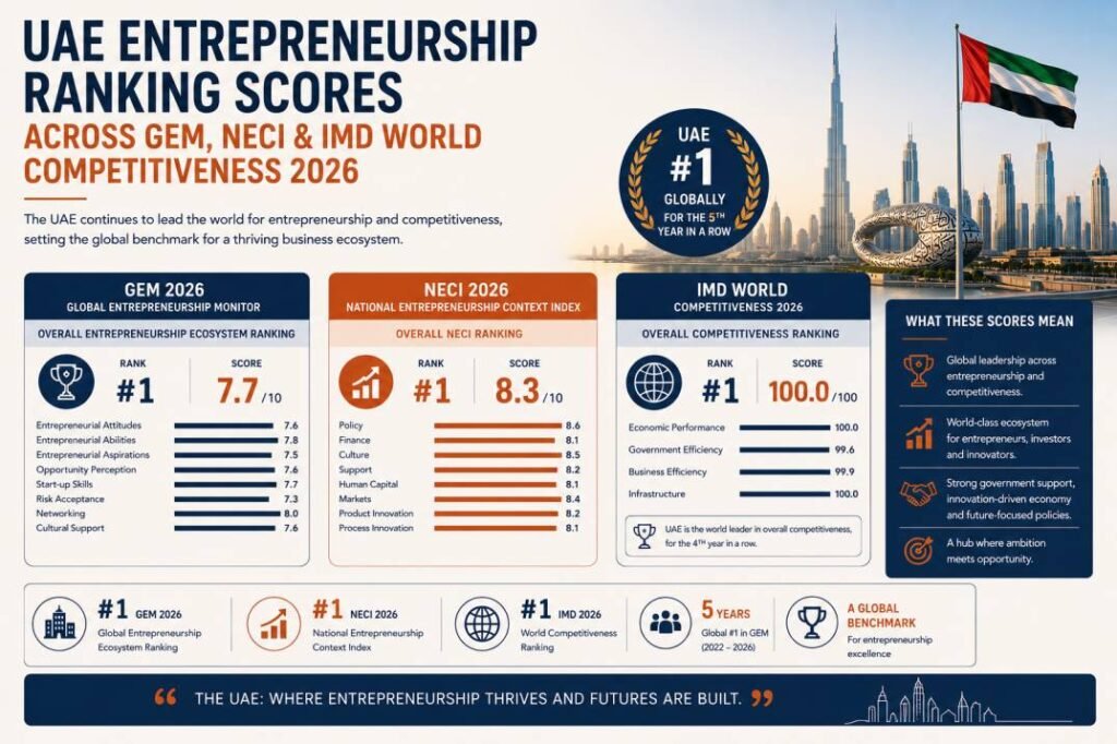 UAE entrepreneurship ranking scores across GEM NECI and IMD World Competitiveness 2026