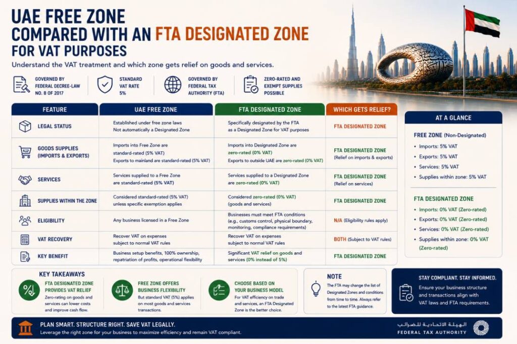 UAE free zone compared with an FTA designated zone for VAT purposes, showing which gets relief on goods and services