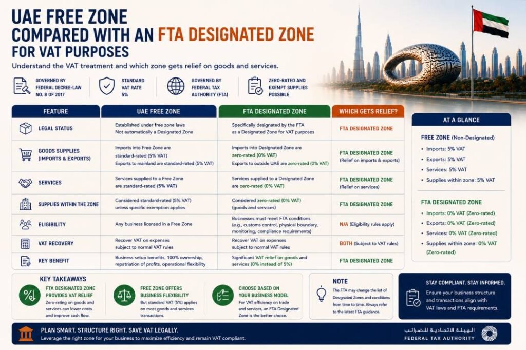 UAE free zone compared with an FTA designated zone for VAT purposes, showing which gets relief on goods and services
