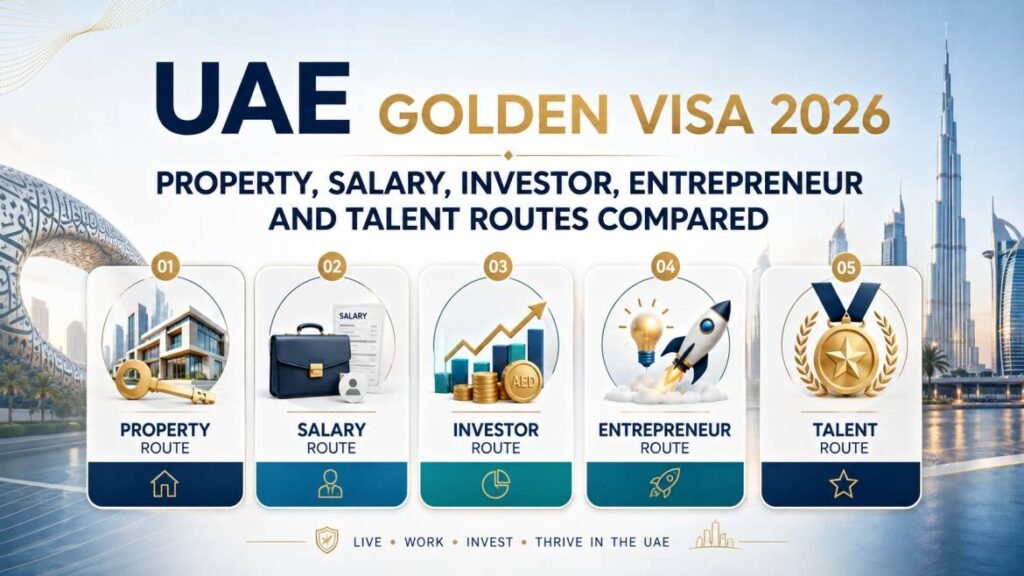 UAE Golden Visa 2026 - property, salary, investor, entrepreneur and talent routes compared