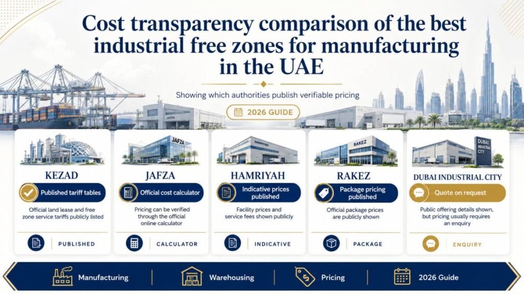 Cost transparency comparison of the best industrial free zones for manufacturing in the UAE, showing which authorities publish verifiable pricing