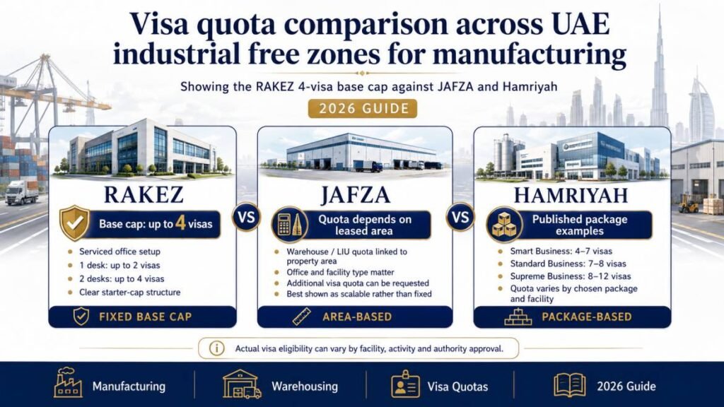 Visa quota comparison across UAE industrial free zones for manufacturing, showing the RAKEZ 4-visa base cap against JAFZA and Hamriyah