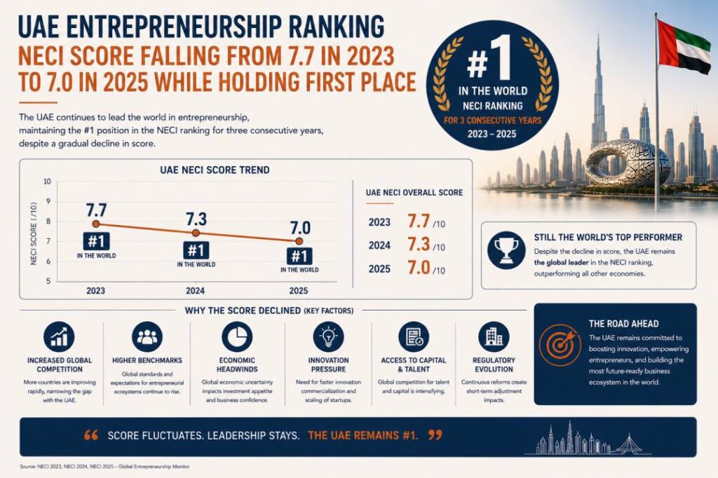 UAE entrepreneurship ranking NECI score falling from 7.7 in 2023 to 7.0 in 2025 while holding first place