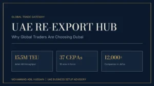 UAE re-export hub - Jebel Ali Port, free zones and CEPA trade network driving Dubai global trading position