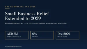 UAE Small Business Relief 2029 - AED 3 million revenue threshold and 0% tax rate extended to December 2029