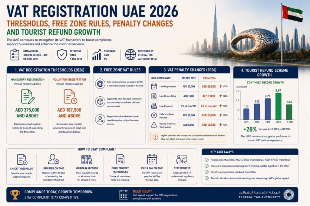 VAT registration UAE 2026 - thresholds, free zone rules, penalty changes and tourist refund growth