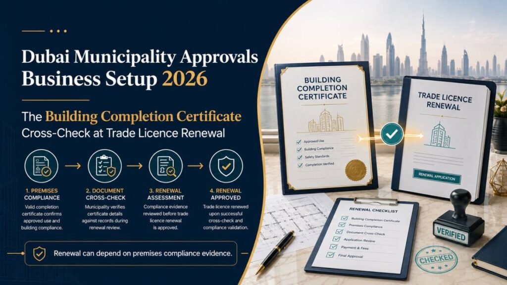 Dubai Municipality approvals business setup 2026 - the Building Completion Certificate cross-check at trade licence renewal