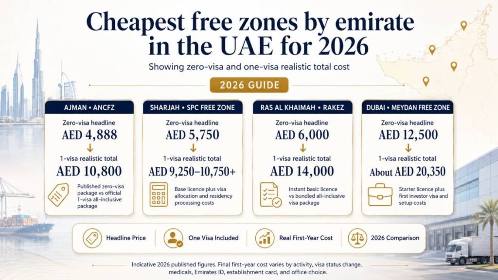 Cheapest free zones by emirate in the UAE for 2026, showing zero-visa and one-visa realistic total cost
