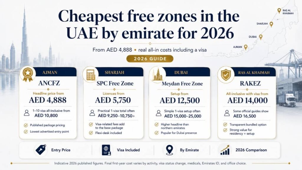 Cheapest free zones in the UAE by emirate for 2026, from AED 4,888, with real all-in costs including a visa