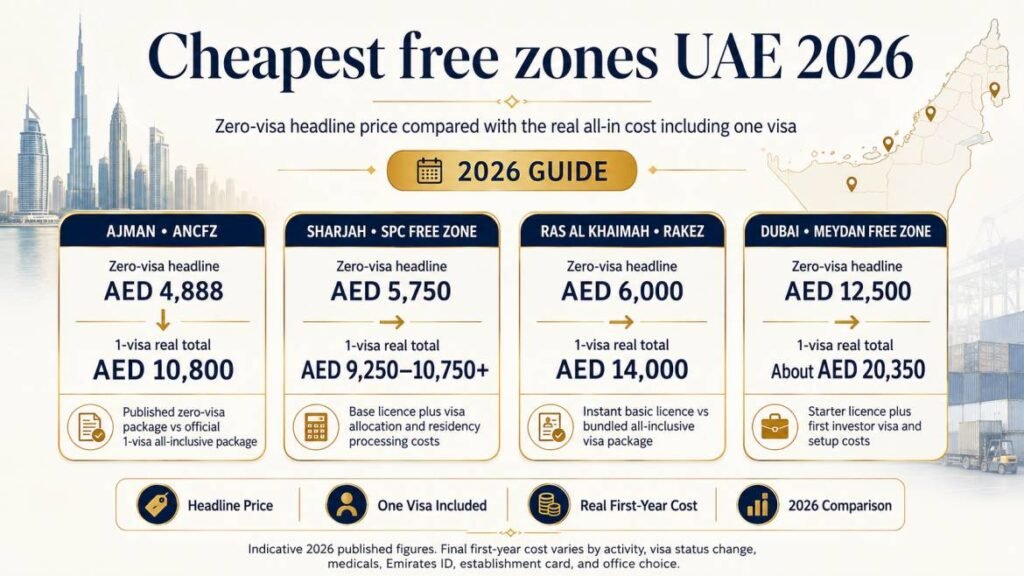 Cheapest free zones UAE 2026 - zero-visa headline price compared with the real all-in cost including one visa
