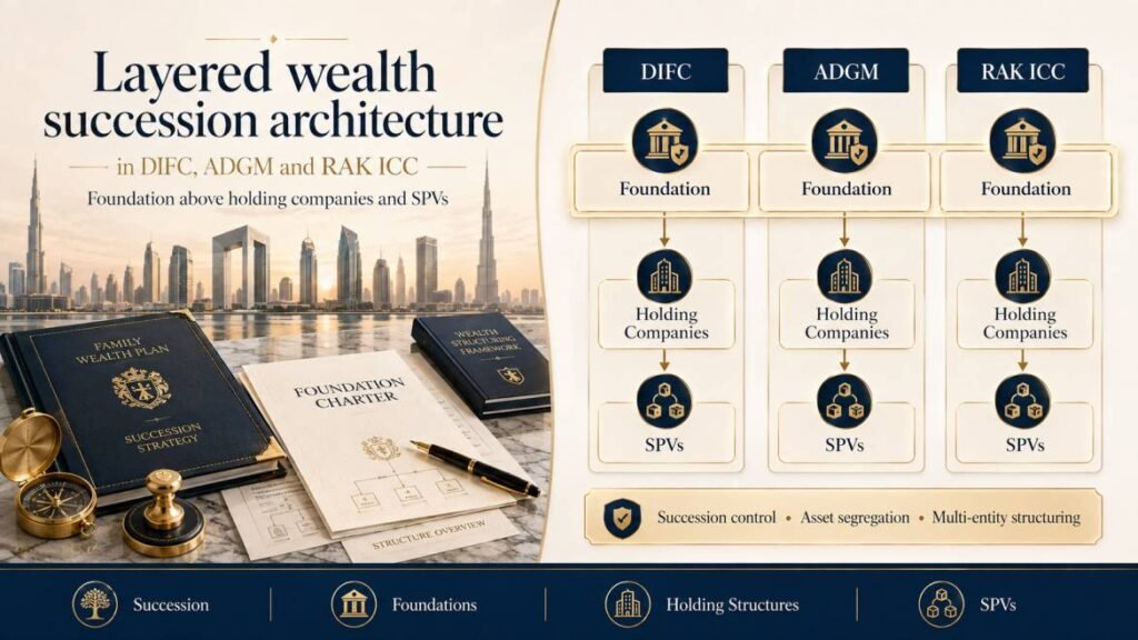 Layered wealth succession architecture in DIFC, ADGM and RAK ICC, foundation above holding companies and SPVs