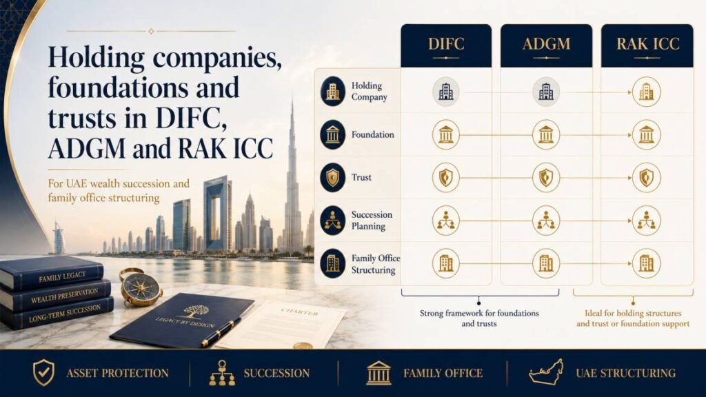 Holding companies, foundations and trusts in DIFC, ADGM and RAK ICC for UAE wealth succession and family office structuring