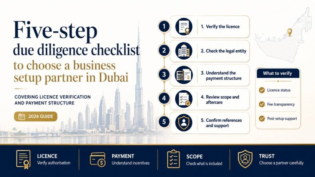 Five-step due diligence checklist to choose a business setup partner in Dubai, covering licence verification and payment structure