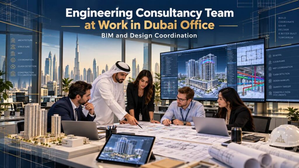 Engineering consultancy team at work in Dubai office - BIM and design coordination