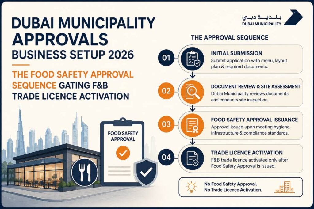Dubai Municipality approvals business setup 2026 - the food safety approval sequence gating F&B trade licence activation