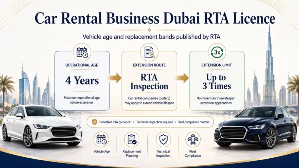 Car rental business Dubai RTA licence - the vehicle age and replacement bands by class published by RTA