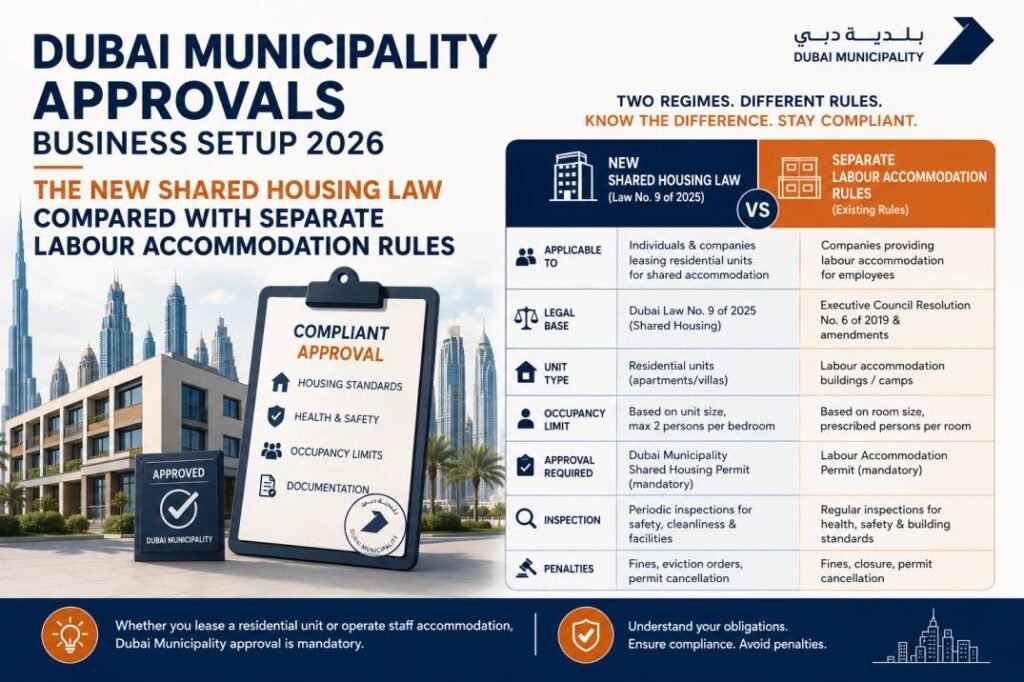 Dubai Municipality approvals business setup 2026 - the new shared housing law compared with separate labour accommodation rules