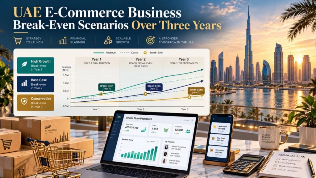 UAE e-commerce business break-even scenarios over three years