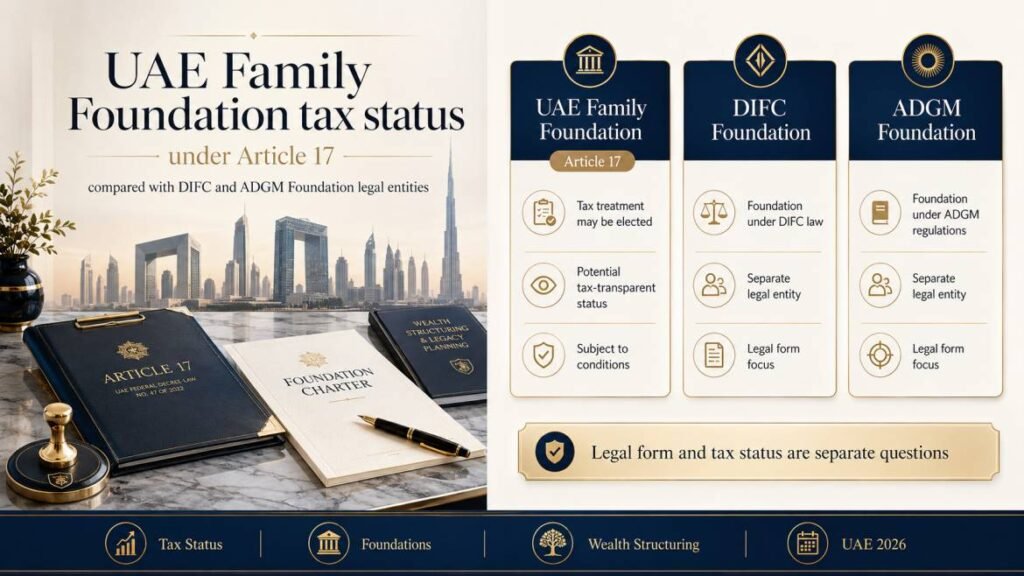 UAE Family Foundation tax status under Article 17 compared with DIFC and ADGM Foundation legal entities