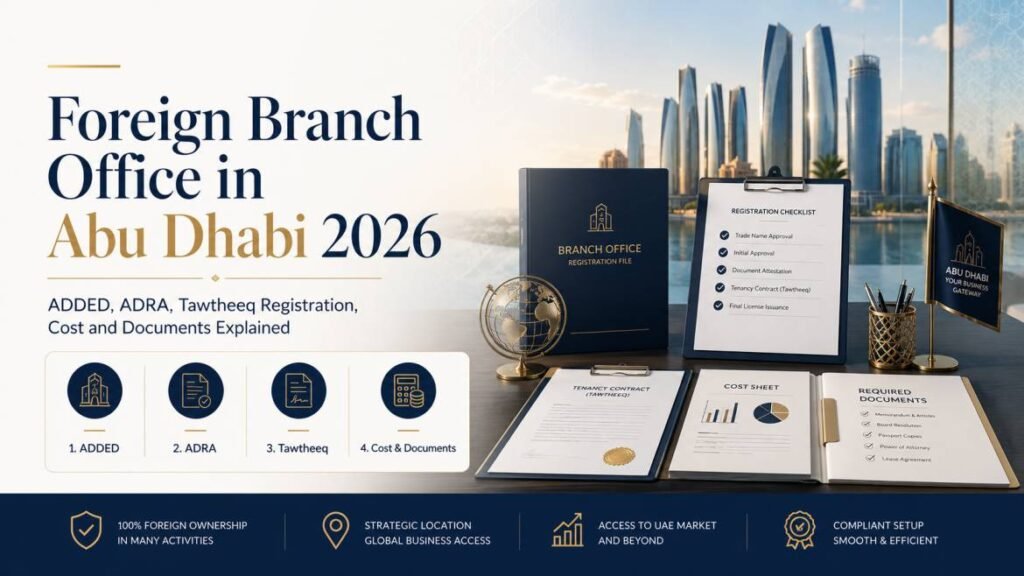 Foreign branch office in Abu Dhabi 2026 - ADDED, ADRA, Tawtheeq registration, cost and documents explained