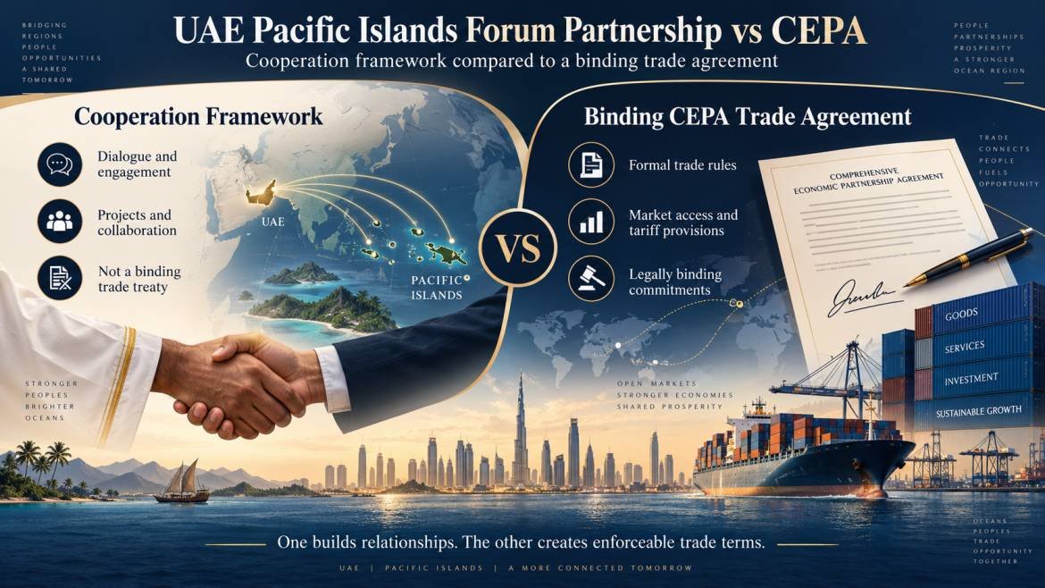 UAE Pacific Islands Forum partnership vs CEPA - cooperation framework compared to a binding trade agreement