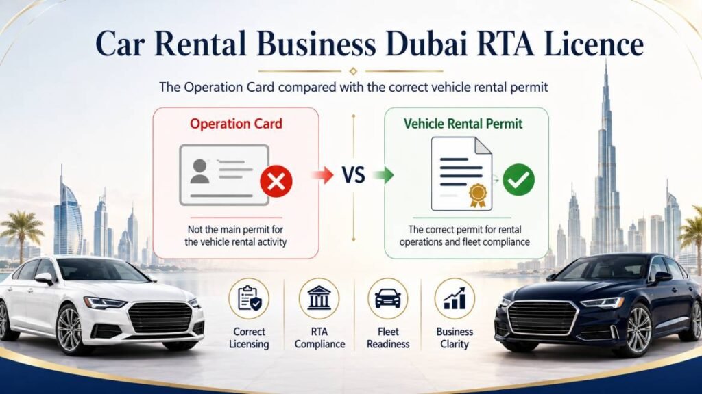 Car rental business Dubai RTA licence - the Operation Card compared with the correct vehicle rental permit
