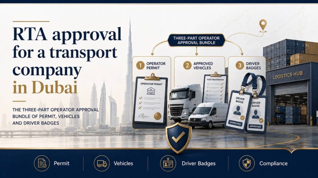 RTA approval for a transport or logistics company in Dubai - the three-part operator approval bundle of permit, vehicles and driver badges