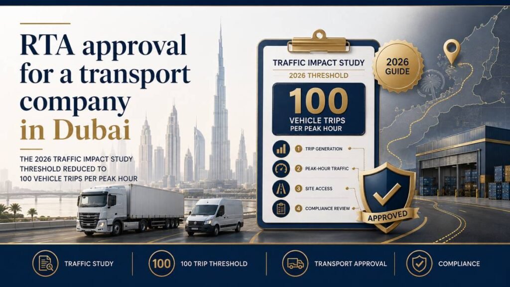 RTA approval for a transport or logistics company in Dubai - the 2026 Traffic Impact Study threshold reduced to 100 vehicle trips per peak hour