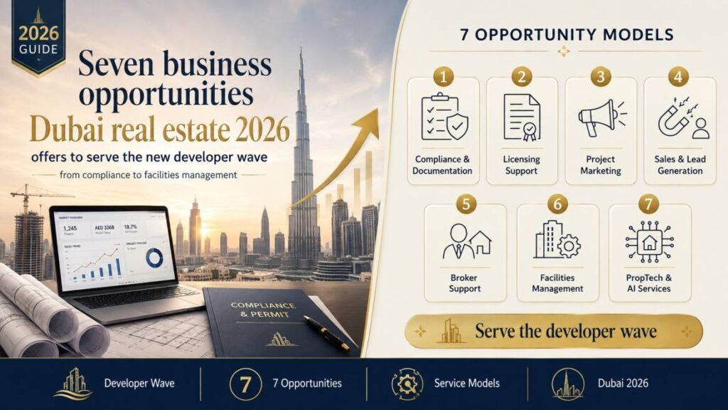 Seven business opportunities Dubai real estate 2026 offers to serve the new developer wave, from compliance to facilities management