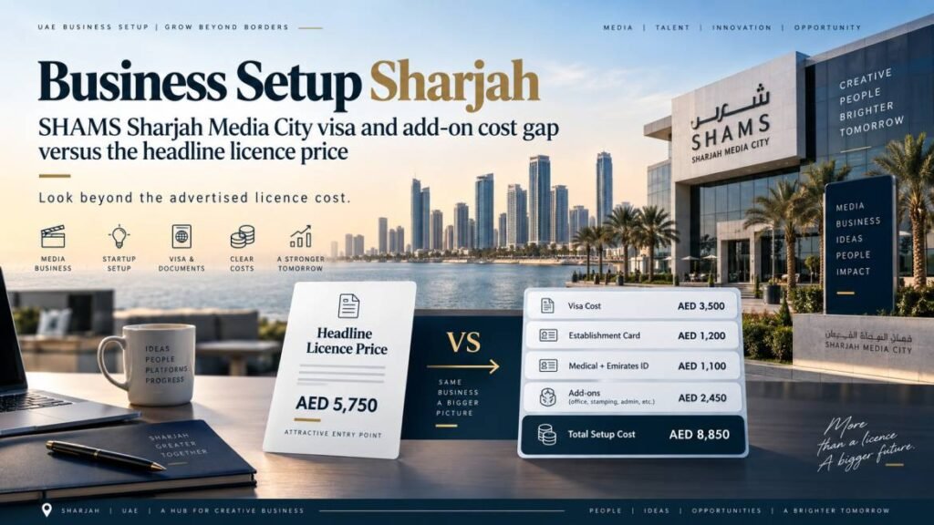 Business setup Sharjah - SHAMS Sharjah Media City visa and add-on cost gap versus the headline licence price