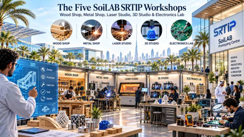 The five SoiLAB SRTIP workshops: wood shop, metal shop, laser studio, 3D studio, electronics lab
