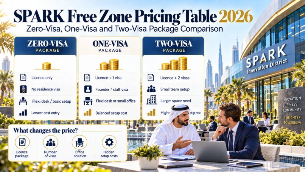 SPARK free zone pricing table by zero-visa, one-visa and two-visa package