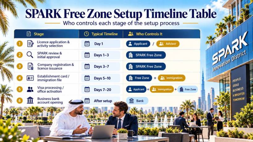 SPARK free zone setup timeline table showing who controls each stage