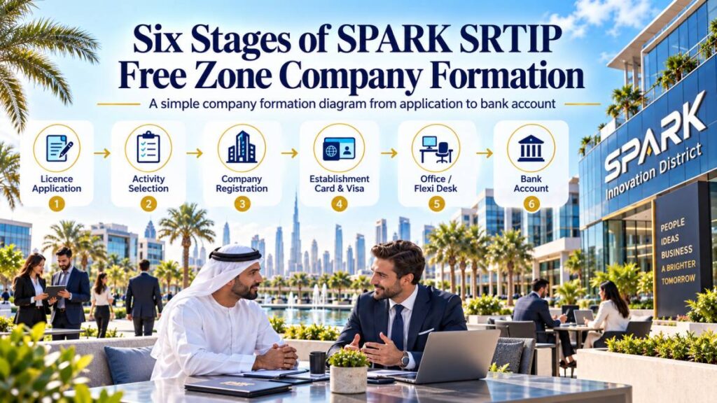 Six stages of SPARK SRTIP free zone company formation diagram