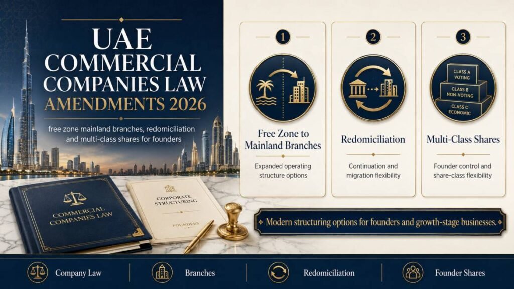 UAE Commercial Companies Law amendments 2026 - free zone mainland branches, redomiciliation and multi-class shares for founders