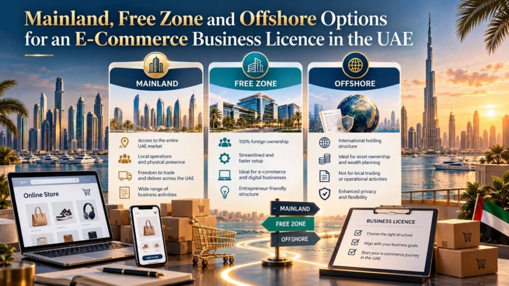 Mainland, free zone and offshore options for an e-commerce business licence in the UAE